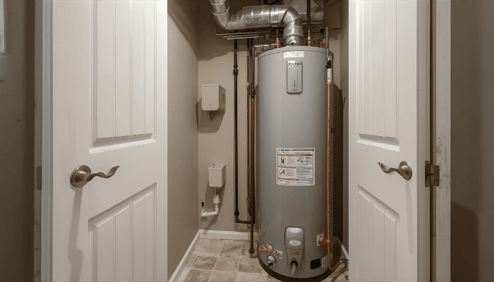 Water heater in a home utility closet ready for seasonal maintenance.