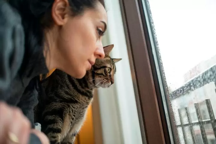 woman loking outside window with cat